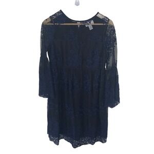 Motherhood‎ Maternity Navy Blue Floral Lace Bell Sleeve Sheer Boho Dress Large